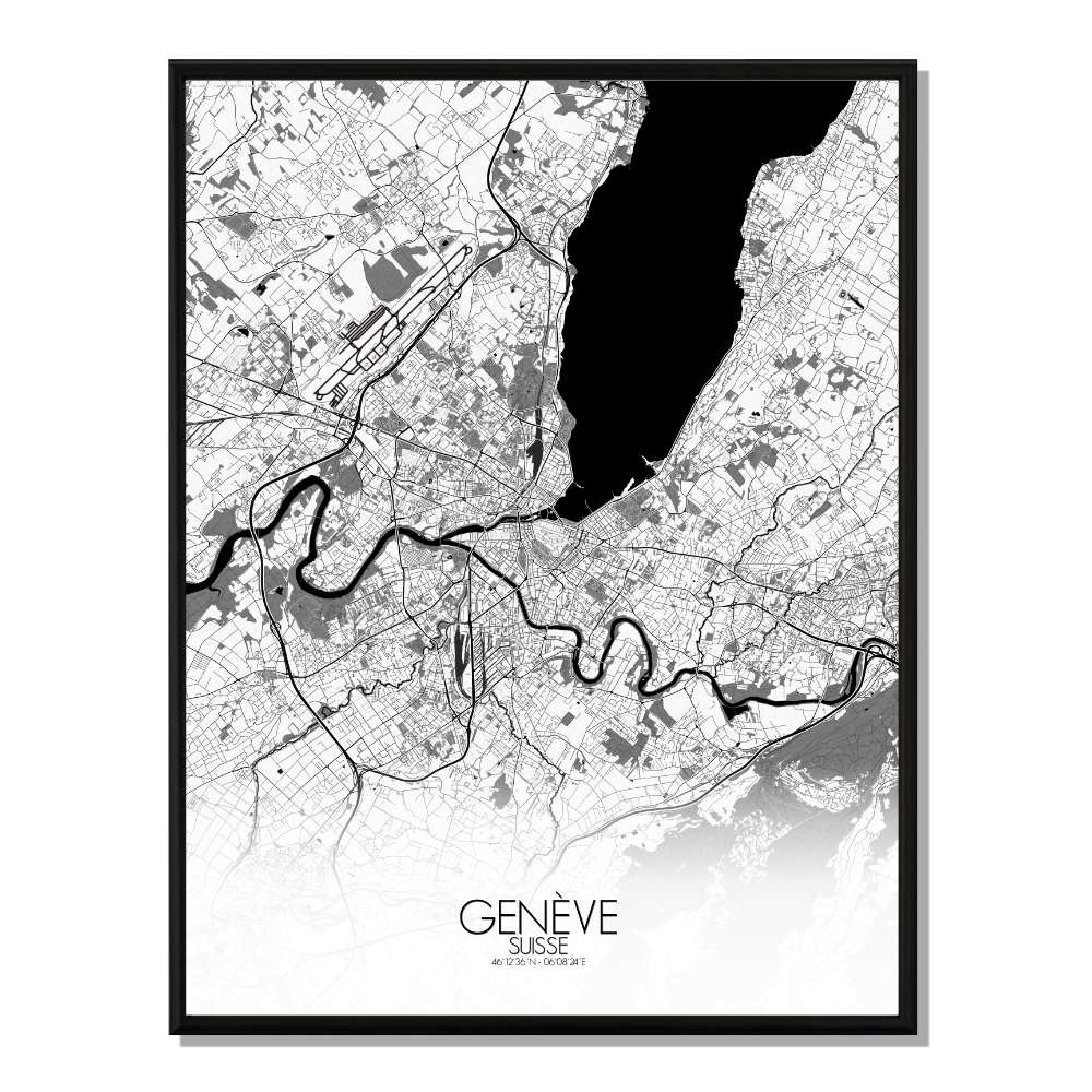 Geneve carte ville city map n&b