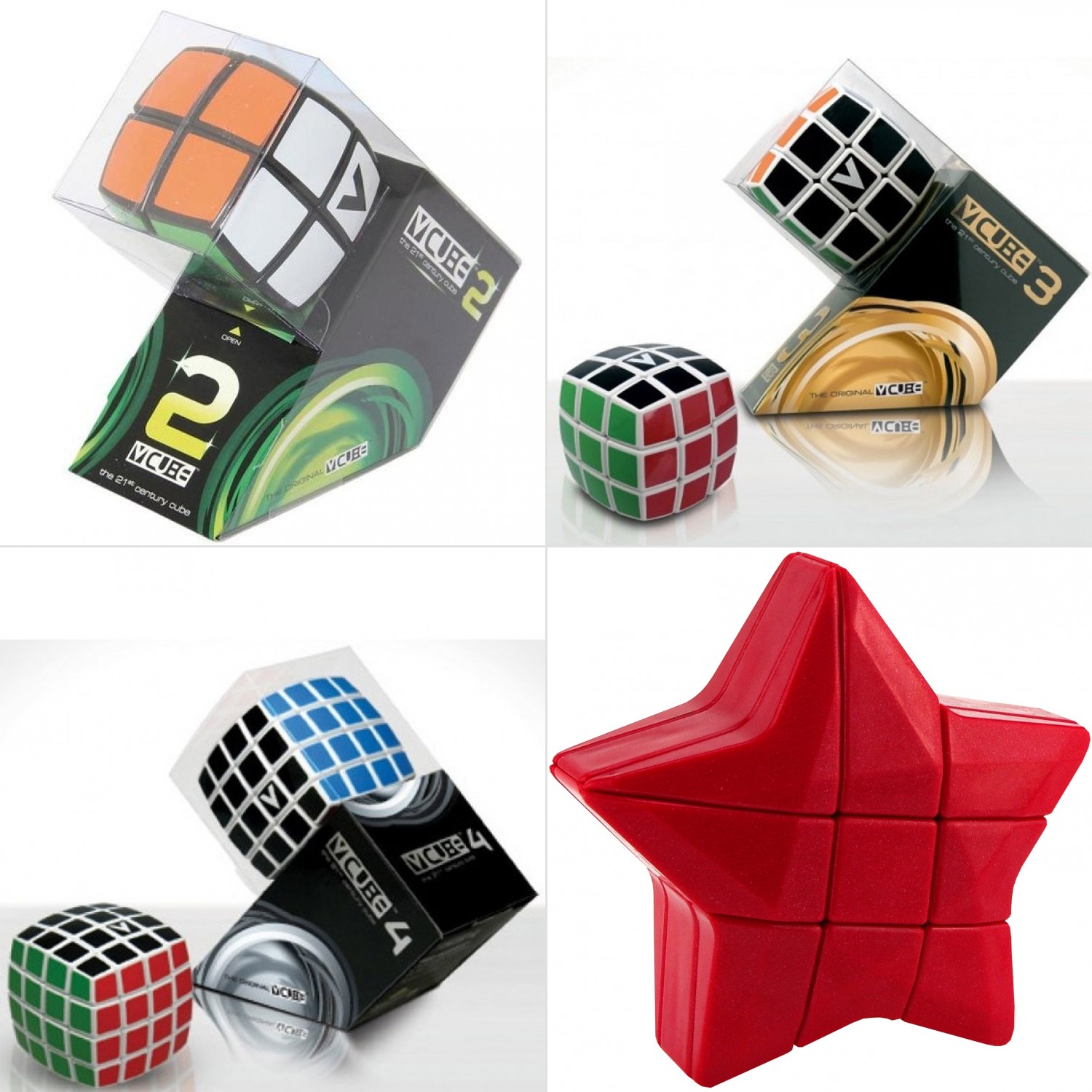 V-cube 2 + v-cube 3 + v-cube-4 + rubiks