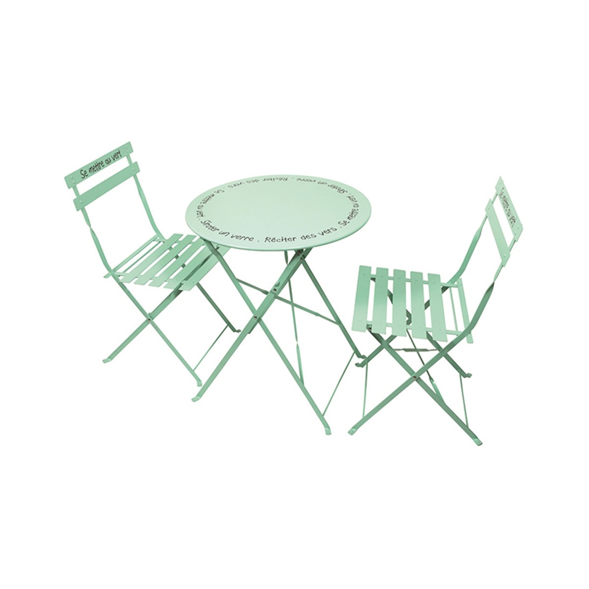 Table de jardin et 2 chaises vert d'eau