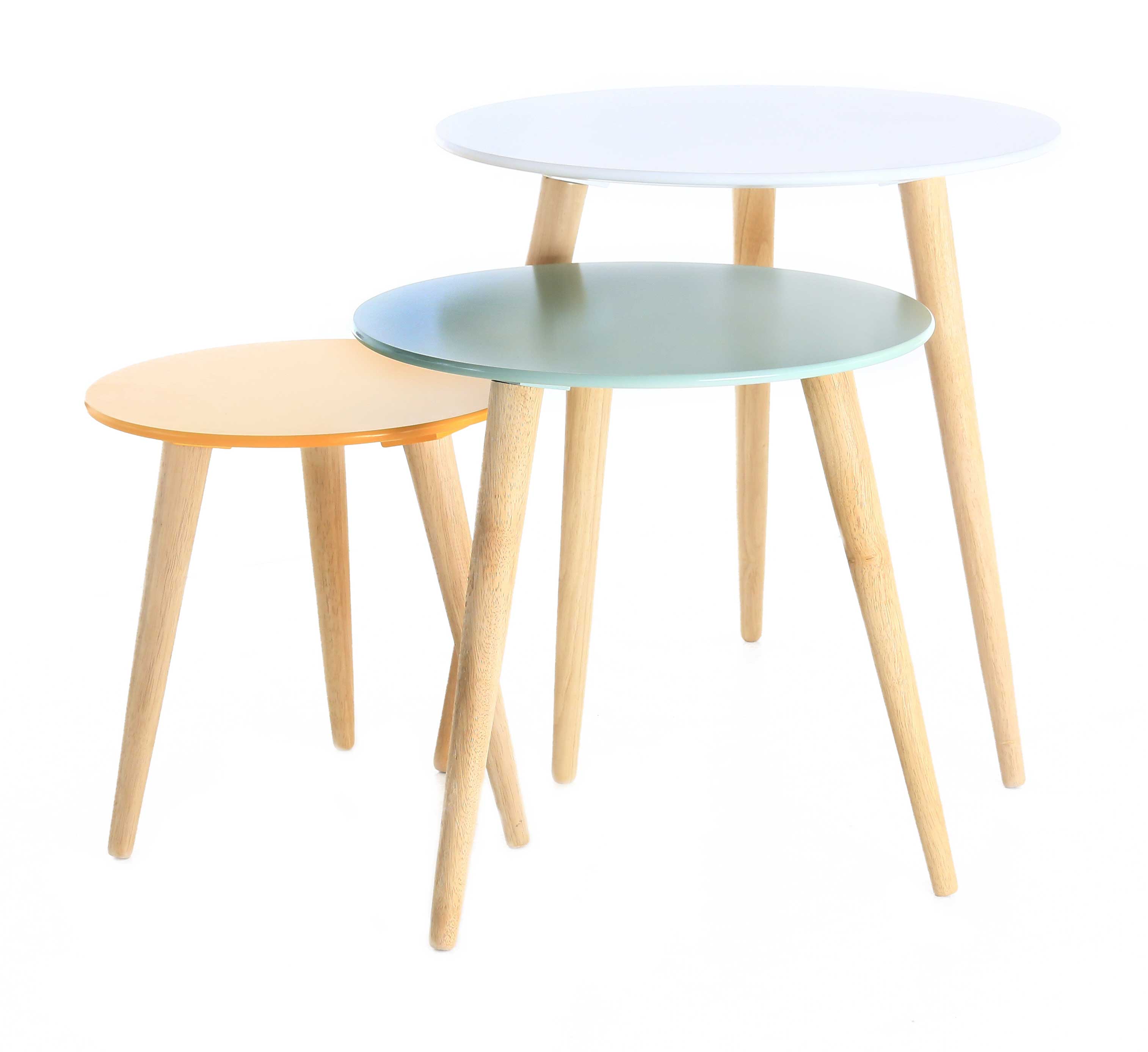 3x table gigogne ronde en bois coloré