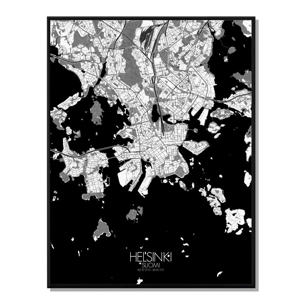 Helsinki carte ville city map n&b