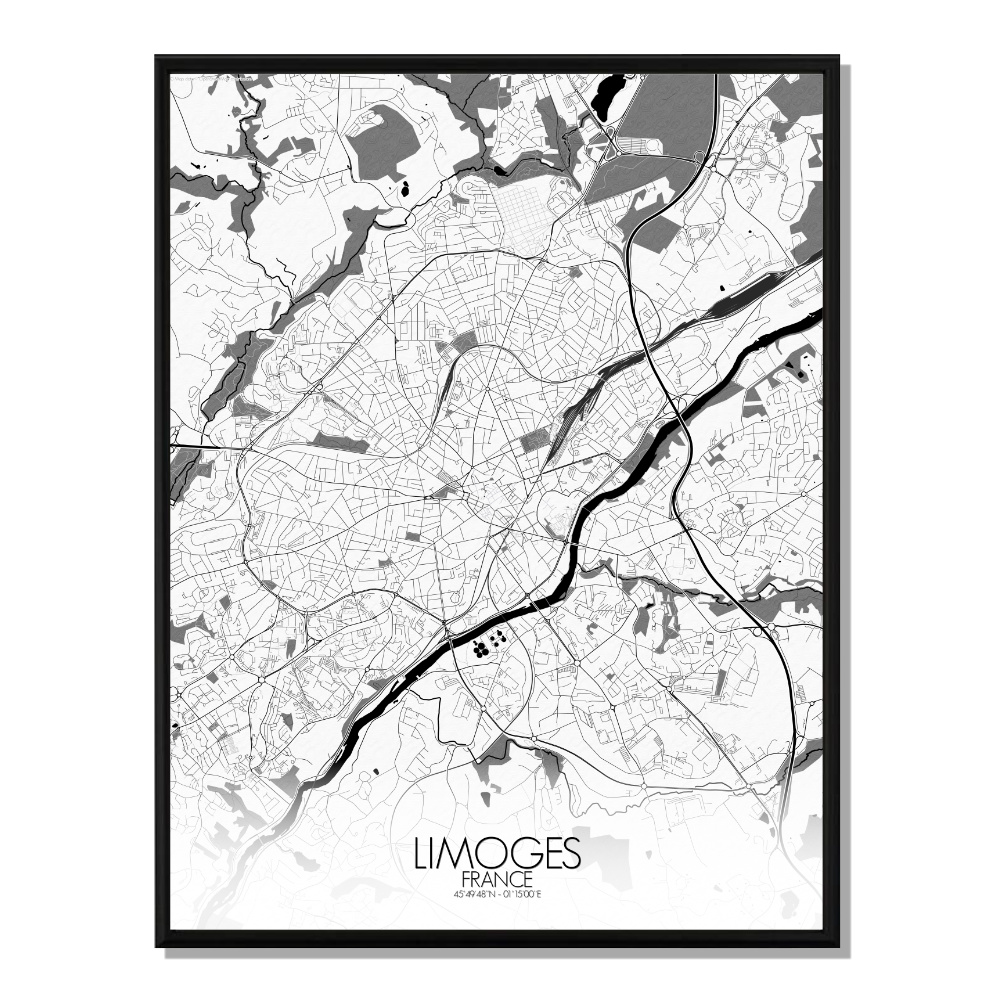 Limoges carte ville city map n&b