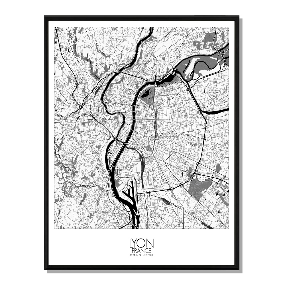 Lyon carte ville city map n&b