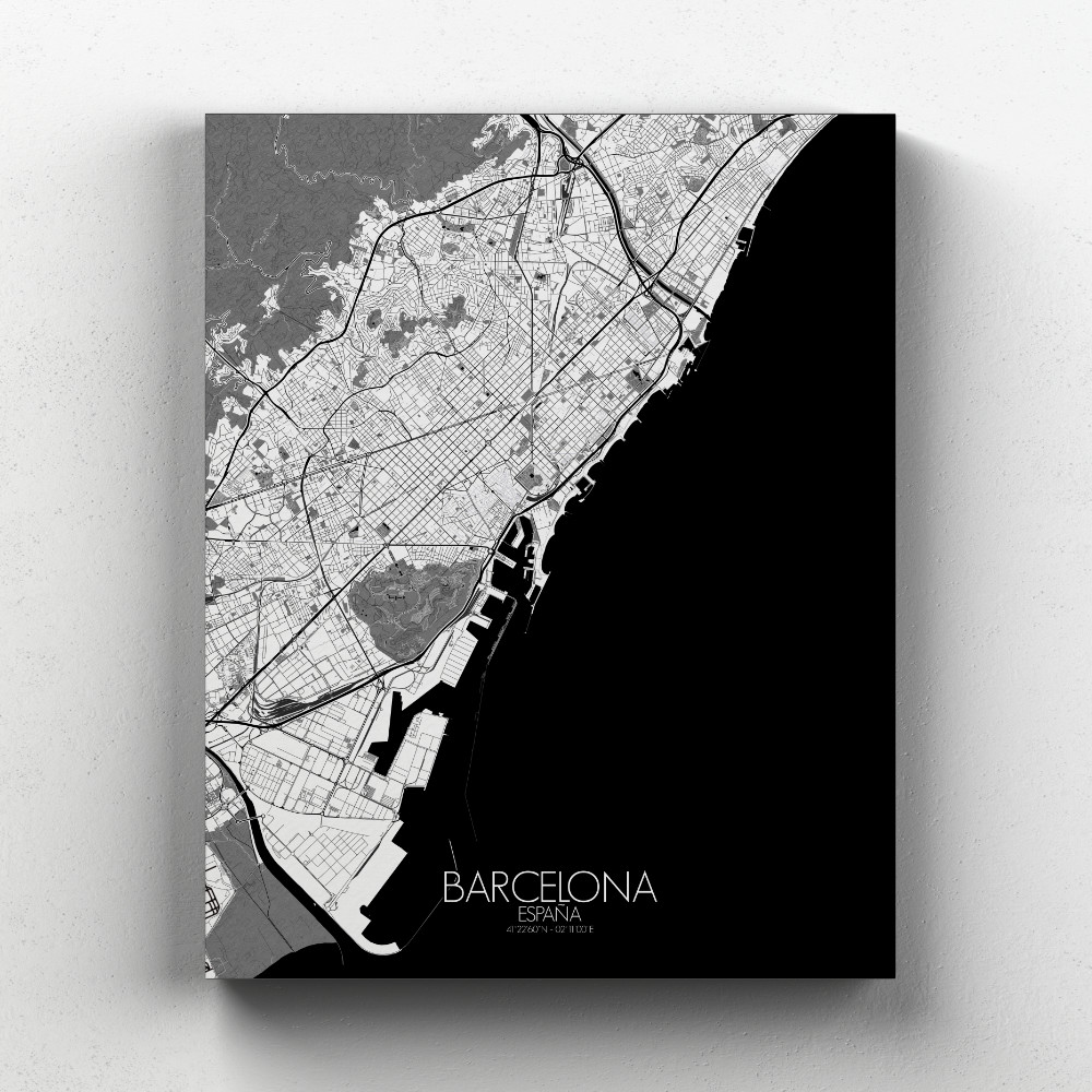 Barcelone sur toile city map n&b