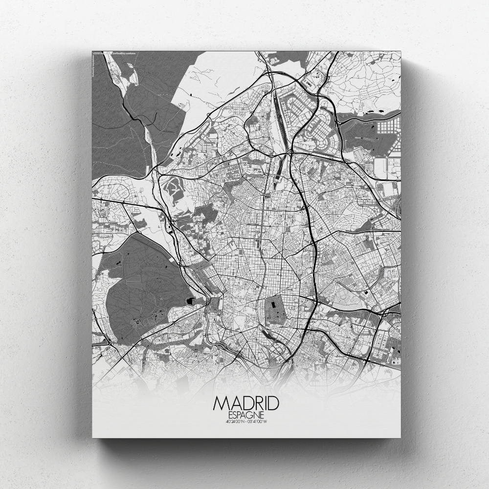 Madrid sur toile city map n&b