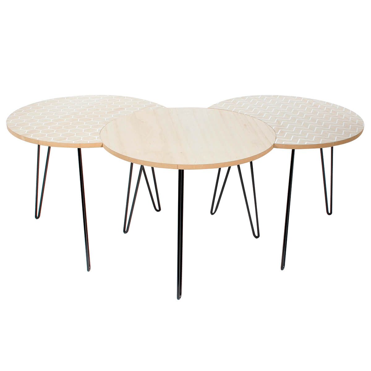 Trio de tables basses aspect bois motifs