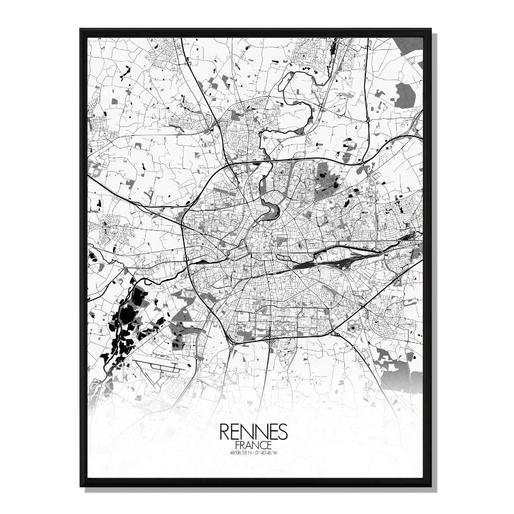 Rennes carte ville  city map n&b