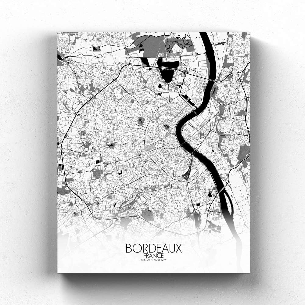 Bordeaux sur toile city map n&b