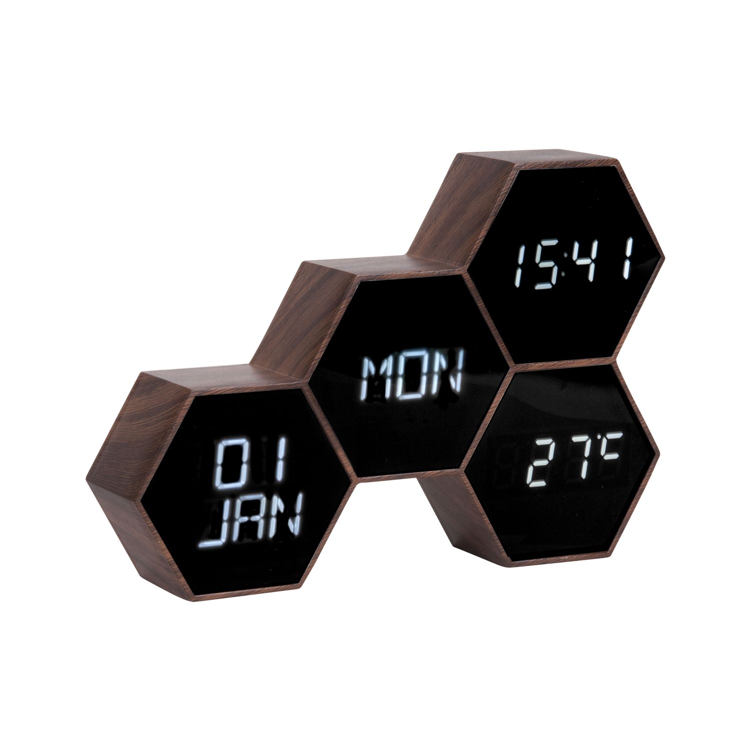 Réveil six hexagonale marron effet bois