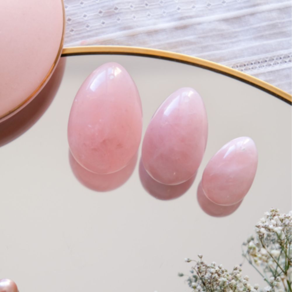 3 œufs de yoni quartz rose troués