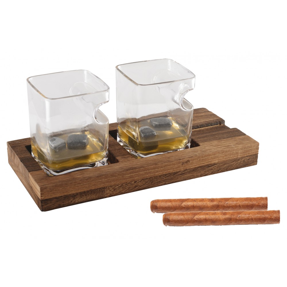 Duo whisky deux verres support bois 4 gl