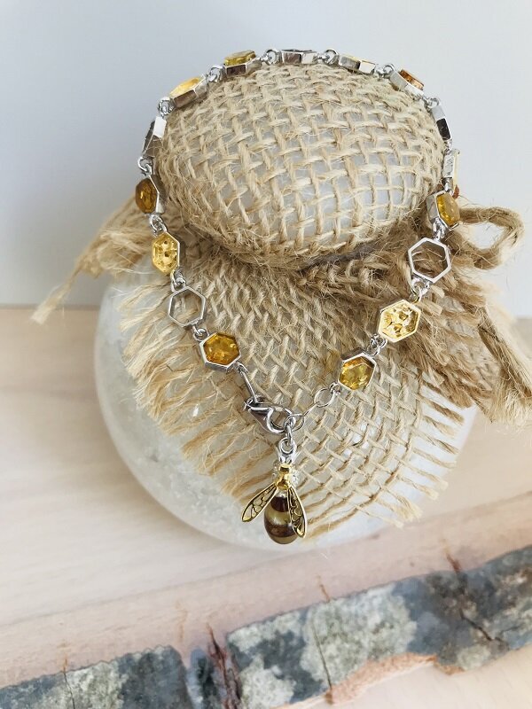 Bracelet  ambre et argent rhodié abeille