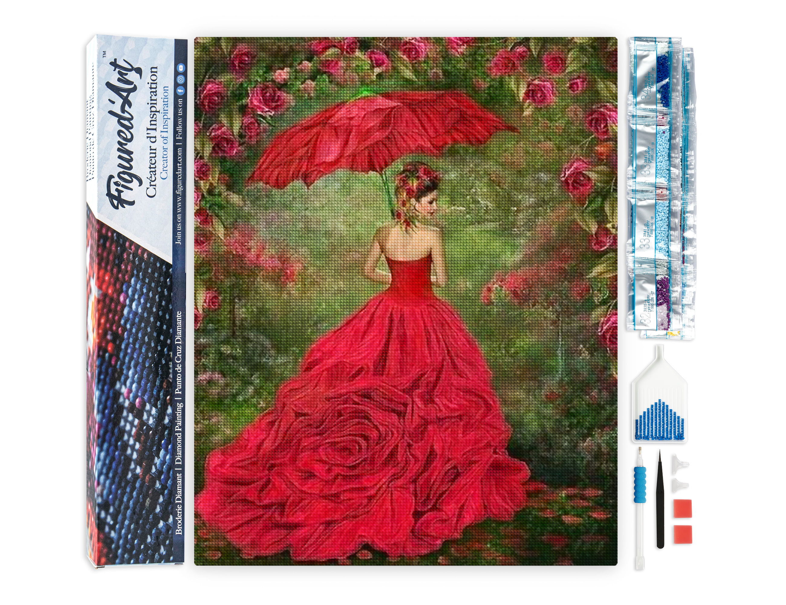 Diamond painting femme à la robe rouge